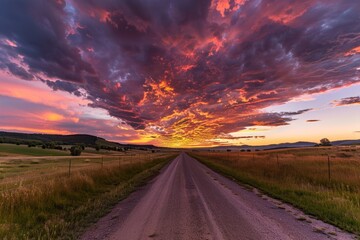 Dramatic sunset sky over a country road