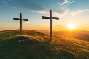 Serene Sunset Behind Three Wooden Crosses