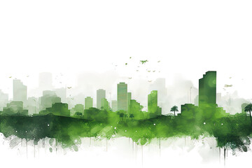 wide 3D cityscape model in shiny green isolated on a Transparent background. Generative AI