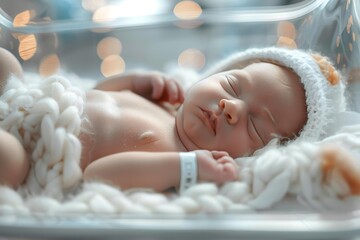 A tender image of a newborn baby wrapped in a soft blanket resting in a hospital bassinet with warm lighting