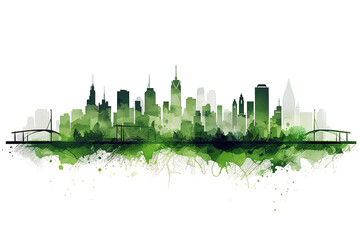 wide 3D cityscape model in shiny green isolated on a Transparent background. Generative AI