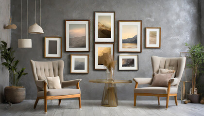 different size framed photos hanging on the gray wall.
