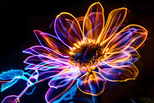 Abstract neon sunflower with floating petals and leaves isolated on black background.