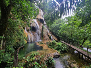 nature, water, tree, waterfall, green, sky, blue 