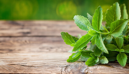 Old wooden table with Stevia leaves; selective focus, bokeh, copy space