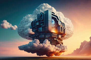 Futuristic Data Center Floating on Cloud at Sunset