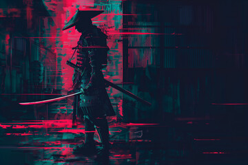 Japanese Samurai with a katana sword on a background of neon lights in glitch art style. Digital Illustration