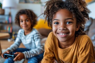 Two joyful children are engaged in playing video games, displaying happiness and entertainment