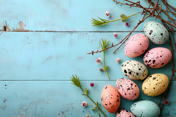 top view easter egg composition with small flowers and twigs on wooden rustic surface in pastel...