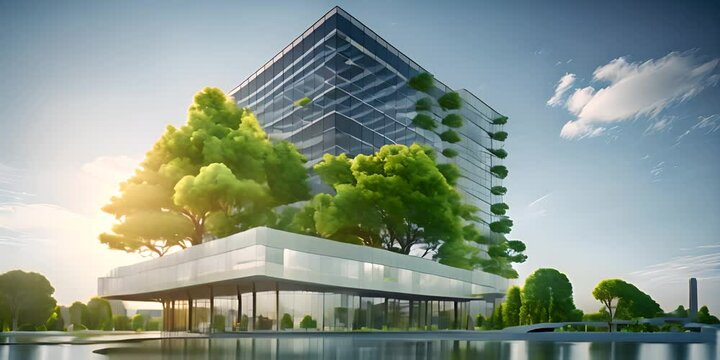 Eco-friendly building in the modern city. Sustainable glass office building with trees for reducing heat and carbon dioxide. Office building with green environment. 4K Video