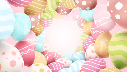 Colorful easter eggs hole, greetings and presents for Easter day abstract background with copy space.