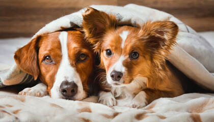 Two funny dogs under one blanket. They peek out from under him.