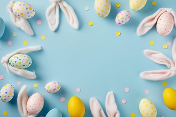 Fototapeta na wymiar easter bunny ears white pink blue and yellow eggs on an isolated pastel blue background with copy space in the middle, easter bunny, easter eggs, easter flyer, easter Christian, happy easter, relegiou