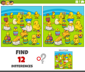 differences game with cartoon Easter chicks hatching from eggs