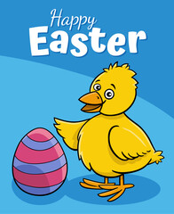 cartoon Easter chick with colored egg greeting card