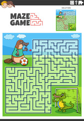 maze game activity with cartoon animals playing soccer