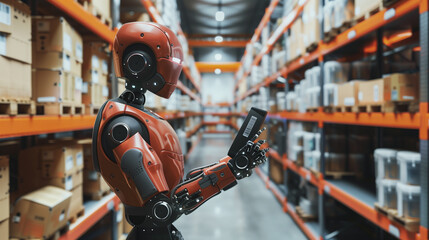 modern humanoid AI robot using a barcode scanner working at warehouse of a shipping company, AI replacing humans concept, artificial intelligence technology automation  - obrazy, fototapety, plakaty