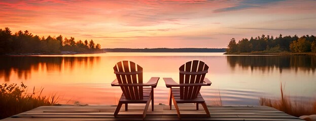 Two wooden chairs on a wood pier overlooking a lake at sunset 4K Video - Powered by Adobe