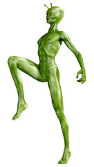 3D Rendering Green Alien on White