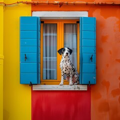 A Dalmatian dog sits in front of a colourful Mediterranean house facade