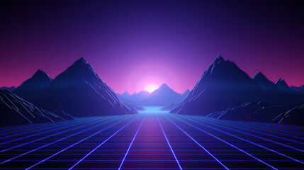 80s synthwave styled landscape with blue grid mountain generative ai
