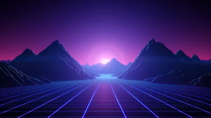 Fotobehang 80s synthwave styled landscape with blue grid mountain generative ai © Wijaya