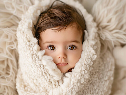 Cute kid with brown eyes and dark hair resting on light fluffy blanket. Textiles and bedding for children