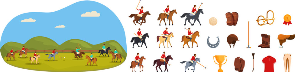 Horse rider playing polos game icons set cartoon vector. Sport mallet. Match equipment