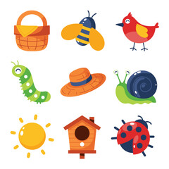 A collection of vibrant garden elements, including a picnic basket, bee, bird, caterpillar , straw hat, snail, sun, birdhouse, and ladybug, symbolizing the joyful essence of spring