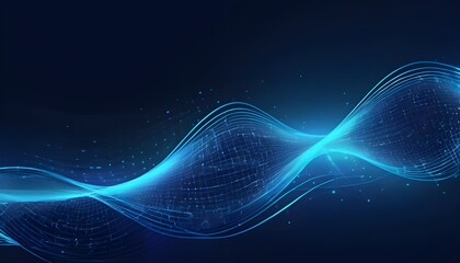 Abstract blue tech background with digital waves, dynamic network system, artificial neural connections, cyber quantum computing and electronic global intelligence
