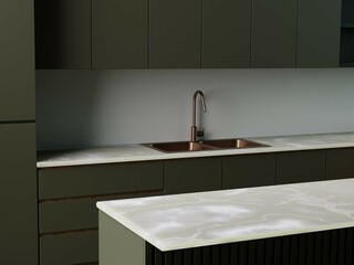 Marble kitchen tabletop with empty space for your product display over beautiful deep olive green kitchen room background. Copper Bronze sink details. Minimal elegant trendy kitchen. 3d rendering.