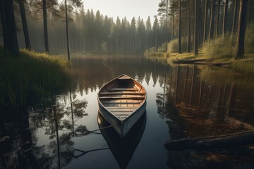 Serene Morning Canoe Ride in Misty Forest Lake