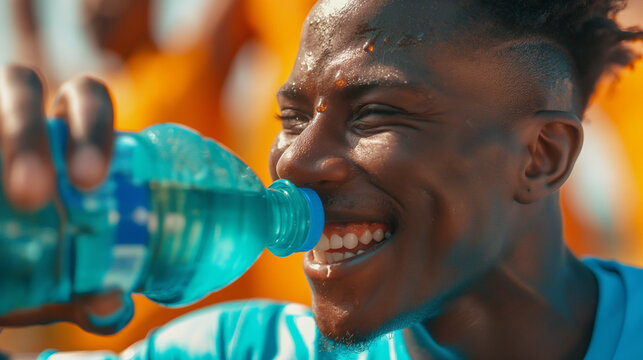 Ultra realistic close-up photography of famous soccer player vinicius jr smiling sweaty and drinking a cyan gatorade glass bottle, captured by an iphone 14 pro max