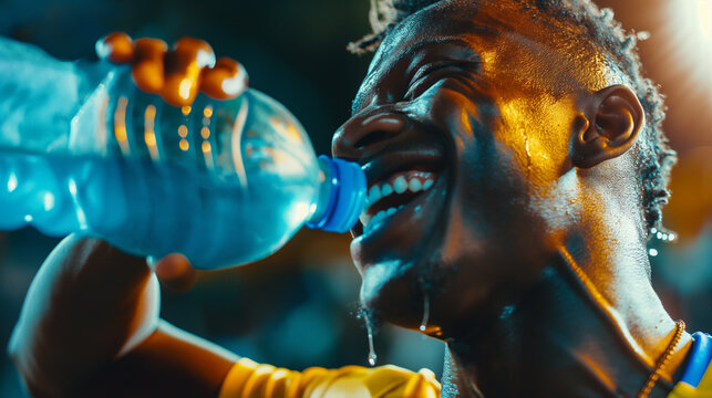 Ultra realistic close-up photography of famous soccer player vinicius jr smiling sweaty and drinking a cyan gatorade glass bottle, captured by an iphone 14 pro max