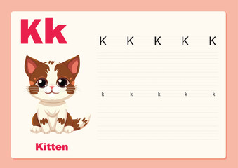 Vector illustration Alphabet Letter K - Kitten exercise with cartoon vocabulary, worksheet editable template