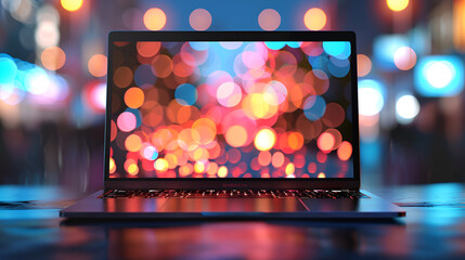 Laptop with blank screen on laminate table and blurred background,Blurred background ,laptop on city night light background - obrazy, fototapety, plakaty