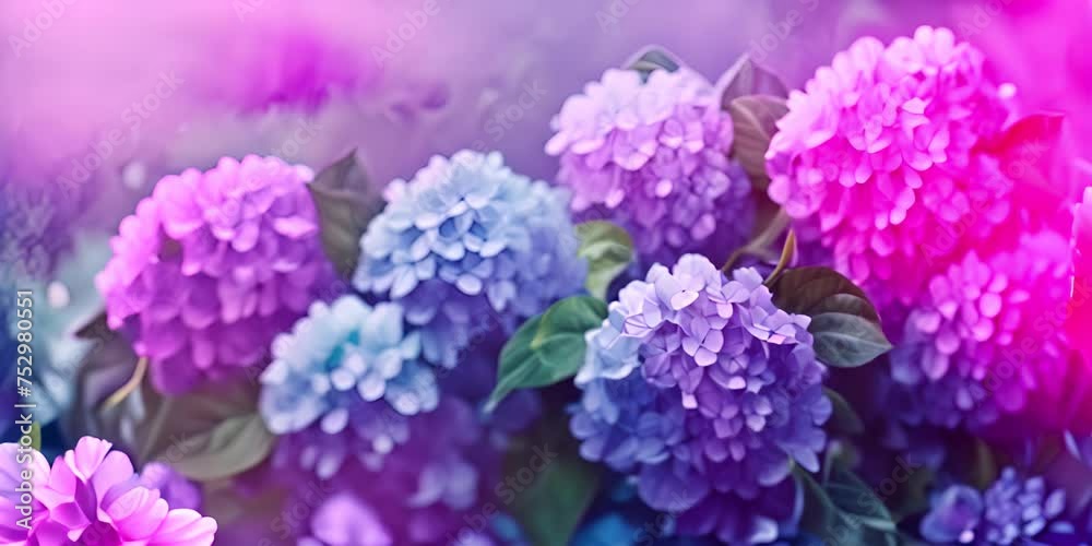 Poster hydrangea flowers in light impressionist oil painting style. Light blue and light purple Hydrangea flowers in full bloom, in the garden. Wide format 4K Video