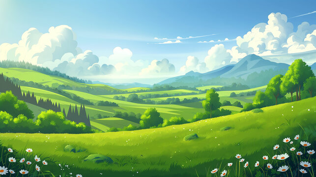 nature of scenery of Europe with green pland and grass cartoon design