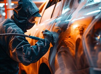 Close up photo of a man hands washes his car. Cleaning and disinfection. Security measures during the epidemic