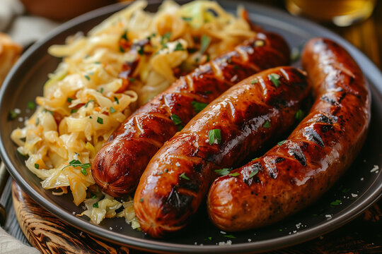 Plate of smoked sausages with cabbage.