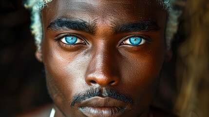 Portrait of a young African man with light blue eyes and white hair.