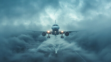 Airplane in the clouds. 3D rendering. toned image