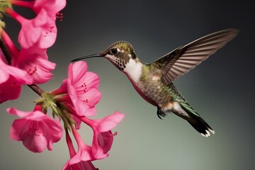 A Hummingbird is Feeding From a Pink Flower