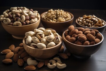 Variety of Raw Nuts in Wooden Bowls on Dark Table