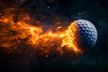A flaming golf ball in motion, leaving a trail of fire and smoke against a dark background. - obrazy, fototapety, plakaty