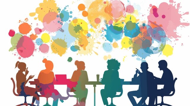 Hand-drawn colorful brainstorming session with diverse group of people
