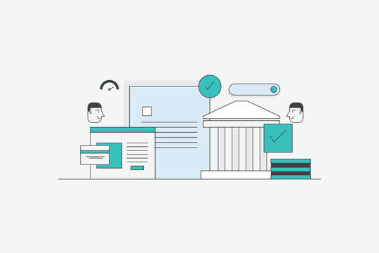 Bank loan approval, application for bank loan, Bank loan for home, Online loan approval, vector illustration line artwork.