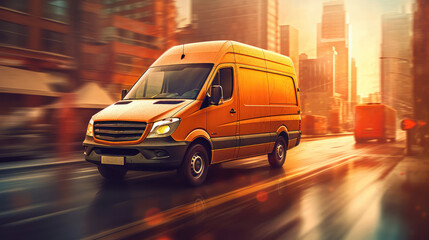 Speedy Delivery Van Rushing in Urban Sunset - obrazy, fototapety, plakaty
