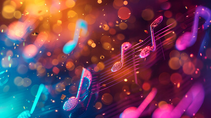 Music notes on colorfull  background,Glowing music sheets notes on beautiful lights bokeh background.
