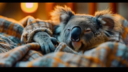 Relaxing Koala Sleeping on a Blanket in 32k UHD, To convey a sense of comfort and relaxation through the image of a sleeping koala bear